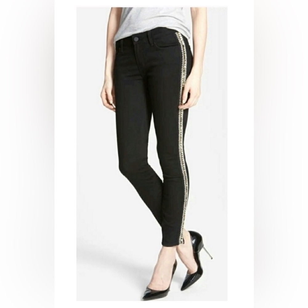 PAIGE Verdugo Ankle Black with Gold  Embellished Tuxedo Stripe Jeans Size 26